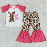 Baby Girls Happy Easter Two Pieces Leopard Rabbit Tops and Flared Pants Set
