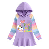 Girls Rainbow Happy Easter Bunny With Balloon Long And Short Sleeve Casual Skirt