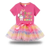 Girl Two Pieces Rainbow TuTu Happy Easter Bunny With Balloon Princess Bubble Skirt