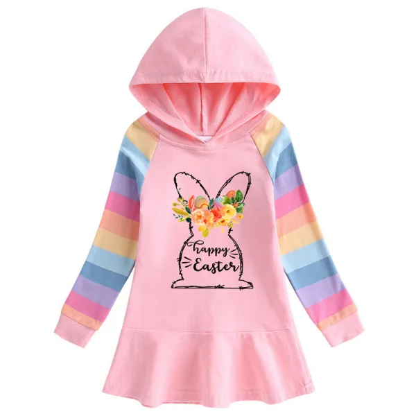 Girls Rainbow Happy Easter Bunny Flower Long And Short Sleeve Casual Skirt