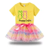 Girl Two Pieces Rainbow TuTu Happy Easter Rabbits Princess Bubble Skirt