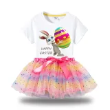 Girl Two Pieces Rainbow TuTu Happy Easter Egg Bunny Princess Bubble Skirt