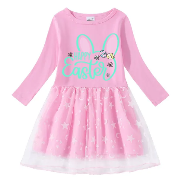 Girls Yarn Skirt Happy Easter Bunny Ears Long And Short Sleeve Dress