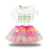 Girl Two Pieces Rainbow TuTu Happy Easter Colorful Hop Slogan Princess Bubble Skirt