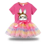 Girl Two Pieces Rainbow TuTu Happy Easter Bunny With Glasses Princess Bubble Skirt