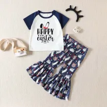 Baby Girls Happy Easter Two Pieces Rabbit T-shirts and Flared Pants Set