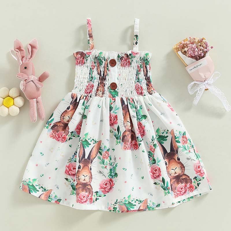 Toddler Baby Girls Easter Holiday Clothing Rabbit Bunny Flower Prints Pleated Ruffles Sling Dress
