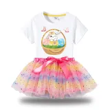 Girl Two Pieces Rainbow TuTu Happy Easter Basket Bunny Flower Butterfly Princess Bubble Skirt