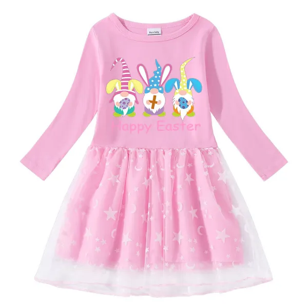 Girls Yarn Skirt Happy Easter Gnomies Bunny Long And Short Sleeve Dress