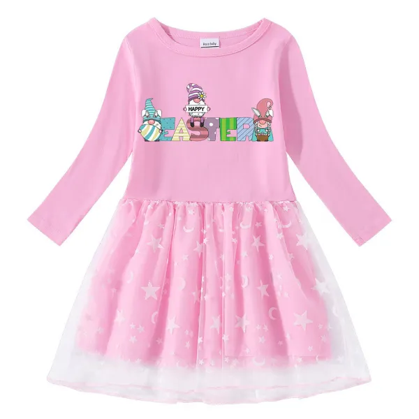 Girls Yarn Skirt Happy Easter Slogan Gnomies Long And Short Sleeve Dress