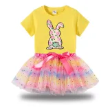 Girl Two Pieces Rainbow TuTu Happy Easter Bunny Flower Butterfly Princess Bubble Skirt