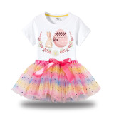 Girl Two Pieces Rainbow TuTu Happy Easter Bunny Flower Egg Princess Bubble Skirt