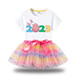 Girl Two Pieces Rainbow TuTu Happy Easter 2023 Princess Bubble Skirt