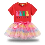 Girl Two Pieces Rainbow TuTu Happy Easter Rabbits Princess Bubble Skirt