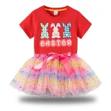 Girl Two Pieces Rainbow TuTu Happy Easter Rabbits Princess Bubble Skirt