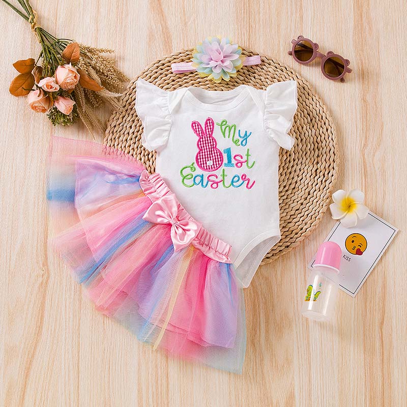 Baby Girls My First Easter Coloured Eggs 2 Pieces Short Suits Tutu Dress and Headscarf