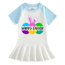Girls Rainbow Happy Easter Bunny Ears Eggs Slogan Long And Short Sleeve Casual Skirt