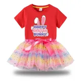 Girl Two Pieces Rainbow TuTu Happy Easter Bunny Slogan Princess Bubble Skirt