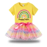 Girl Two Pieces Rainbow TuTu Happy Easter Rainbow Bunny Princess Bubble Skirt