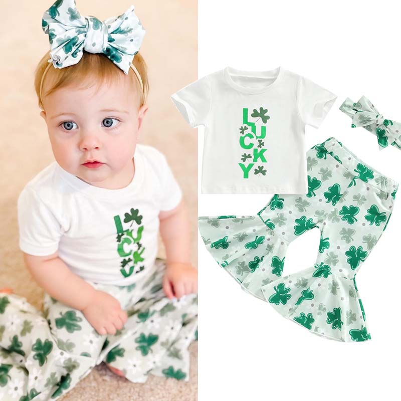 Baby Girls St. Patrick's Day Two Pieces Clover Luck T-shirts and Flared Pants Sets