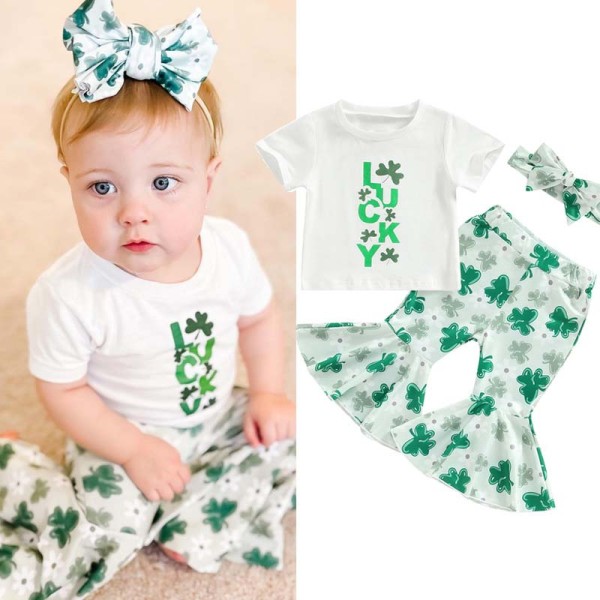 Baby Girls St. Patrick's Day Two Pieces Clover Luck T-shirts and Flared Pants Sets