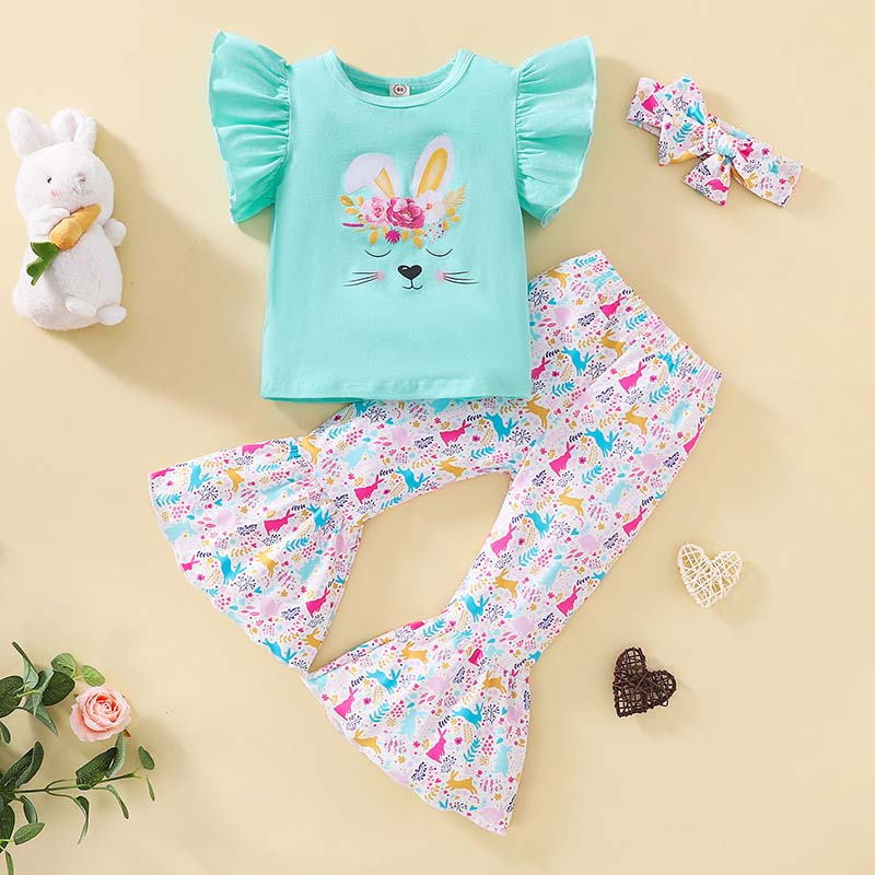 Toddler Girls Easter Holiday Clothing Two Pieces Rabbit Fly Sleeve T-shirts and Bunny Pants Set
