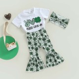 Baby Girls St. Patrick's Day Two Pieces Clover Peace and Love T-shirts and Green Flared Pants Sets