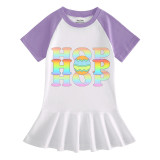 Girls Rainbow Happy Easter Colorful Hop Slogan Long And Short Sleeve Casual Skirt