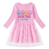 Girls Yarn Skirt Happy Easter Hunting Crew Eggs Long And Short Sleeve Dress