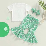 Baby Girls St. Patrick's Day Two Pieces Luck Clover T-shirts and Green Rainbow Flower Pants Sets