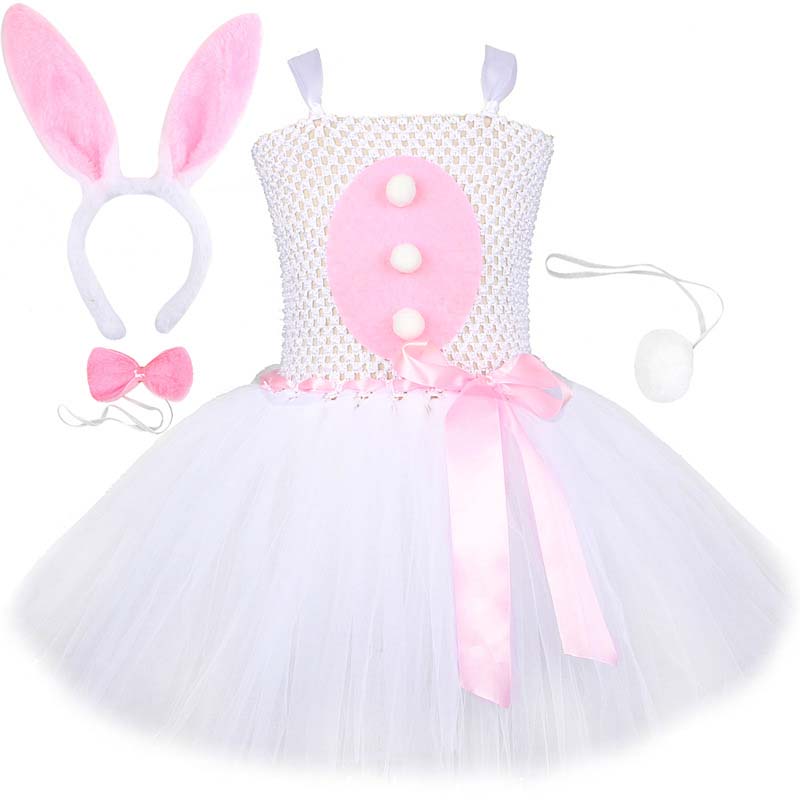Toddler Girls Easter Cosplay 3 Pieces Sling Mesh Lace Tutu Dress with Bunny Rabbit Hair Bands