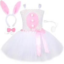Toddler Girls Easter Cosplay 3 Pieces Sling Mesh Lace Tutu Dress with Bunny Rabbit Hair Bands