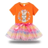 Girl Two Pieces Rainbow TuTu Happy Easter Bunny Wreath Princess Bubble Skirt