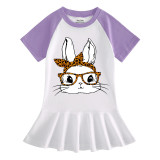 Girls Rainbow Happy Easter Bunny With Glasses Long And Short Sleeve Casual Skirt