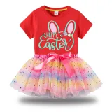 Girl Two Pieces Rainbow TuTu Happy Easter Bunny Ears Princess Bubble Skirt