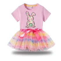 Girl Two Pieces Rainbow TuTu Happy Easter Bunny Flower Butterfly Princess Bubble Skirt