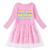 Girls Yarn Skirt Happy Easter Colorful Hop Slogan Long And Short Sleeve Dress