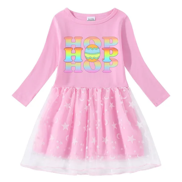 Girls Yarn Skirt Happy Easter Colorful Hop Slogan Long And Short Sleeve Dress