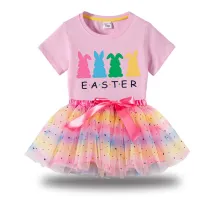 Girl Two Pieces Rainbow TuTu Happy Easter Rabbits Princess Bubble Skirt