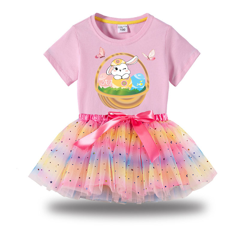 Girl Two Pieces Rainbow TuTu Happy Easter Basket Bunny Flower Butterfly Princess Bubble Skirt