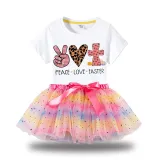 Girl Two Pieces Rainbow TuTu Happy Easter Peace Love Cross Princess Bubble Skirt