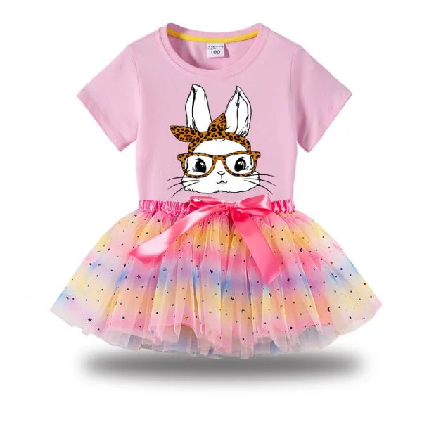 Girl Two Pieces Rainbow TuTu Happy Easter Bunny With Glasses Princess Bubble Skirt