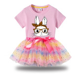 Girl Two Pieces Rainbow TuTu Happy Easter Bunny With Glasses Princess Bubble Skirt