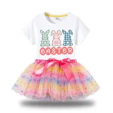 Girl Two Pieces Rainbow TuTu Happy Easter Rabbits Princess Bubble Skirt