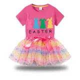 Girl Two Pieces Rainbow TuTu Happy Easter Rabbits Princess Bubble Skirt