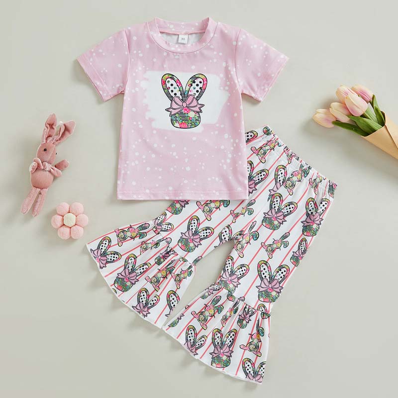 Toddler Girls Easter Holiday Clothing Two Pieces Pink Bunny Rabbit T-shirts and Flared Pants Set