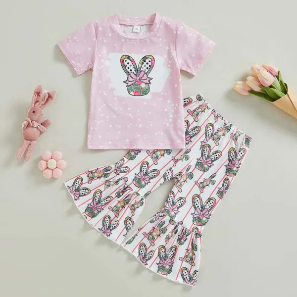 Toddler Girls Easter Holiday Clothing Two Pieces Pink Bunny Rabbit T-shirts and Flared Pants Set