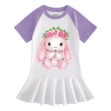 Girls Rainbow Happy Easter Bunny Flower Long And Short Sleeve Casual Skirt