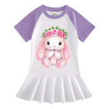 Girls Rainbow Happy Easter Bunny Flower Long And Short Sleeve Casual Skirt
