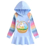 Girls Rainbow Happy Easter Basket Bunny Flower Butterfly Long And Short Sleeve Casual Skirt